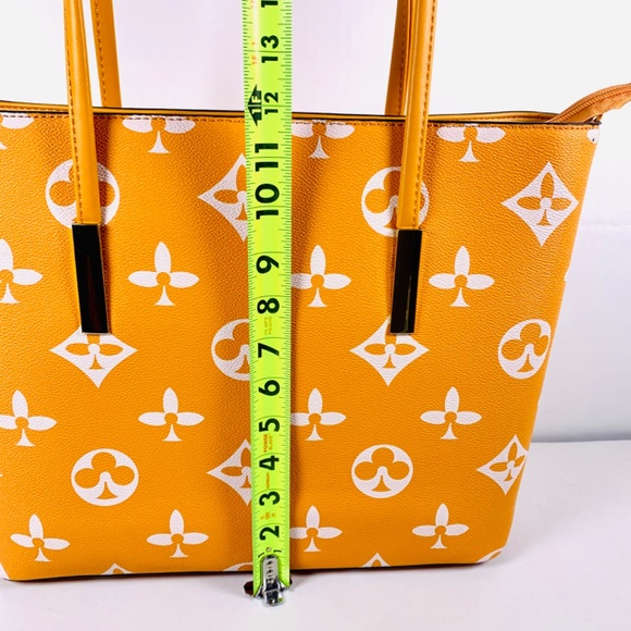 Trendy orange/white monogram pattern tote shoulder crossbody bag/wallet set gold - Picture 10 of 14